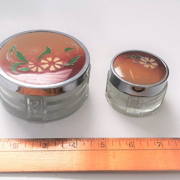Antique VTG ART DECO Clear GLASS Vanity Powder Box Trinket Metal Lid Set of 2 - Picture 12 of 12